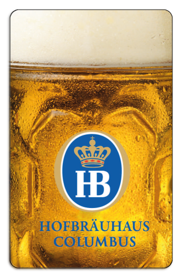Hofbrauhaus logo, over full beer glass background